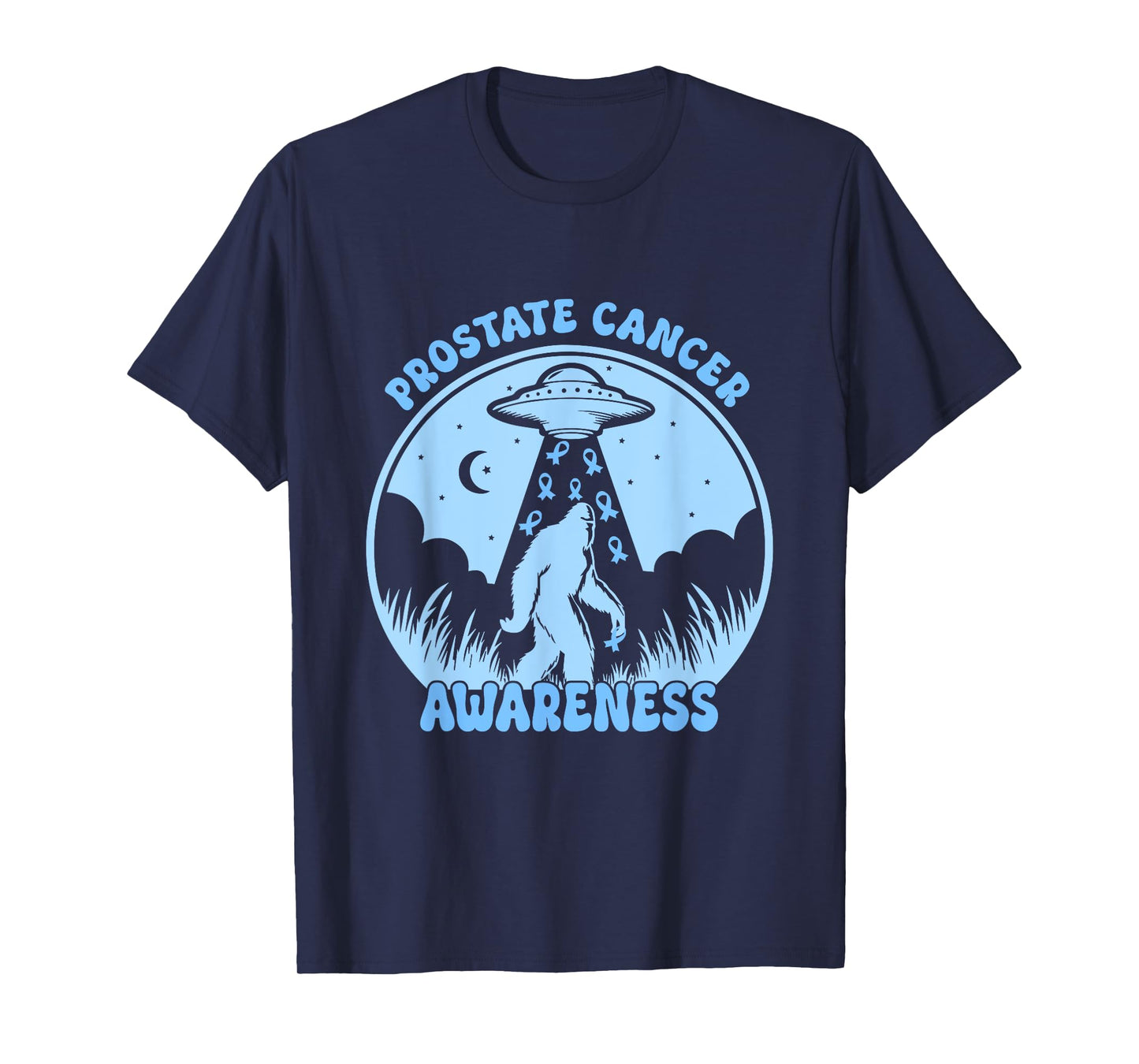 Prostate Cancer Awareness Funny Bigfoot UFO Blue Ribbon T-Shirt