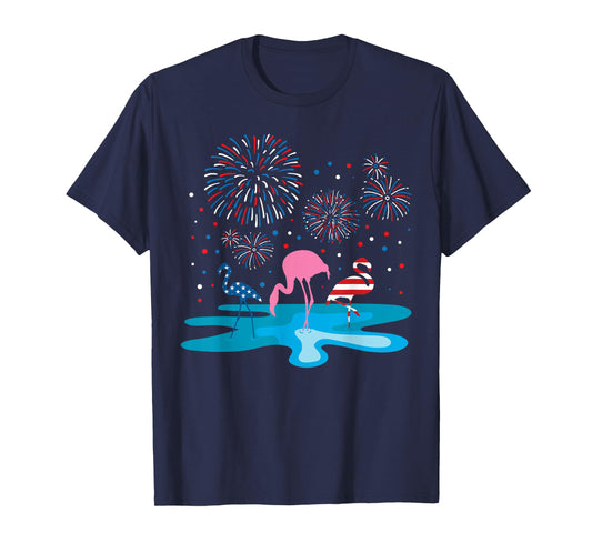 Flamingo 4th of July Fireworks Patriotic American USA Flag T-Shirt
