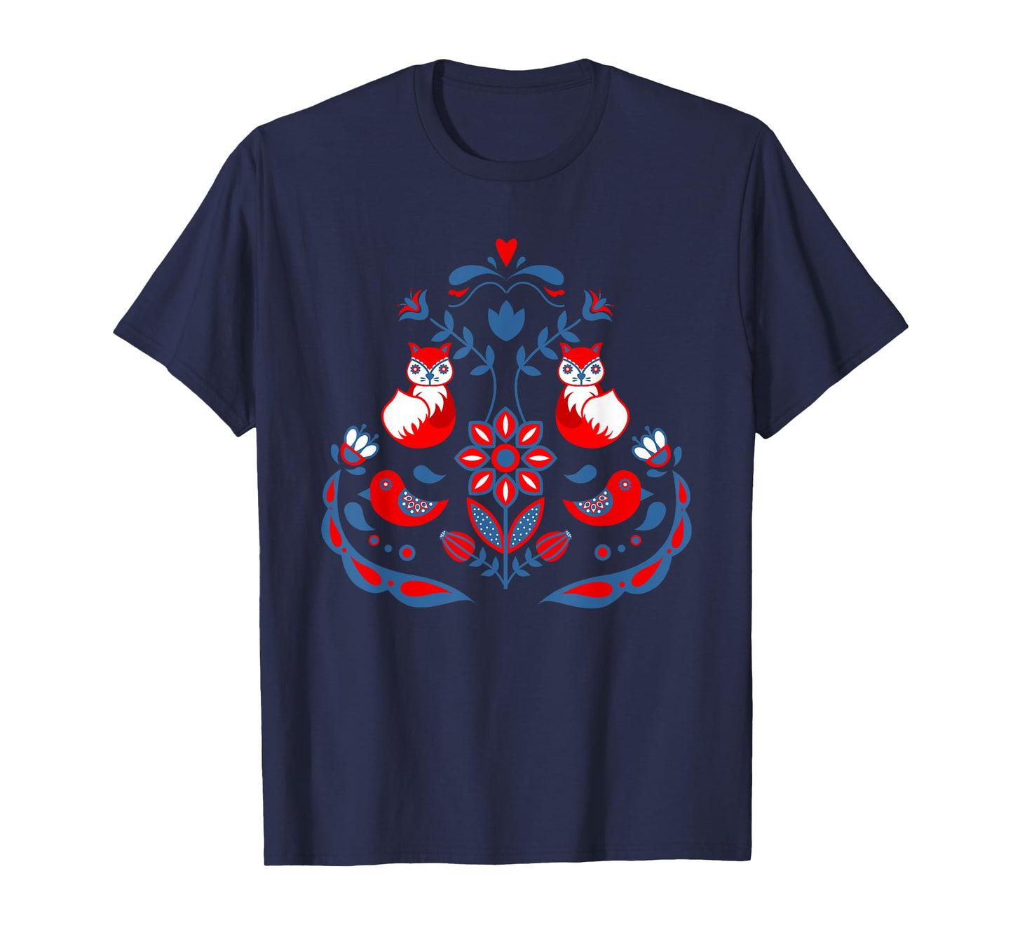 Scandinavian Folk Art Nature Flowers Birds and Foxes T-Shirt