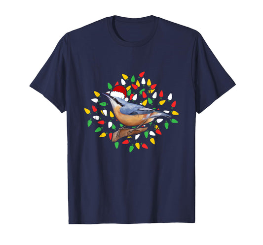 Holiday Xmas Lighting Santa Hat Red Breasted Nuthatch Bird T-Shirt