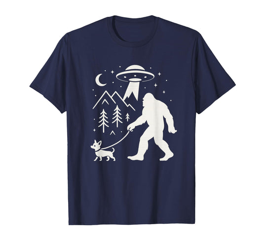 Bigfoot Walking Chihuahua Dog UFO Funny Sasquatch T-Shirt