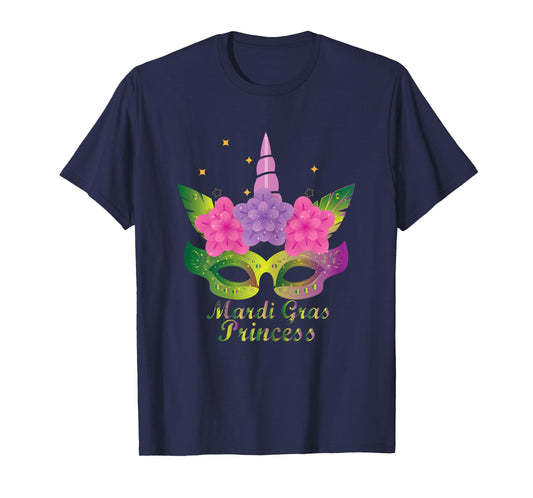 Mardi Gras Princess T Shirt With Flower Unicorn Mask T Shirt T-Shirt