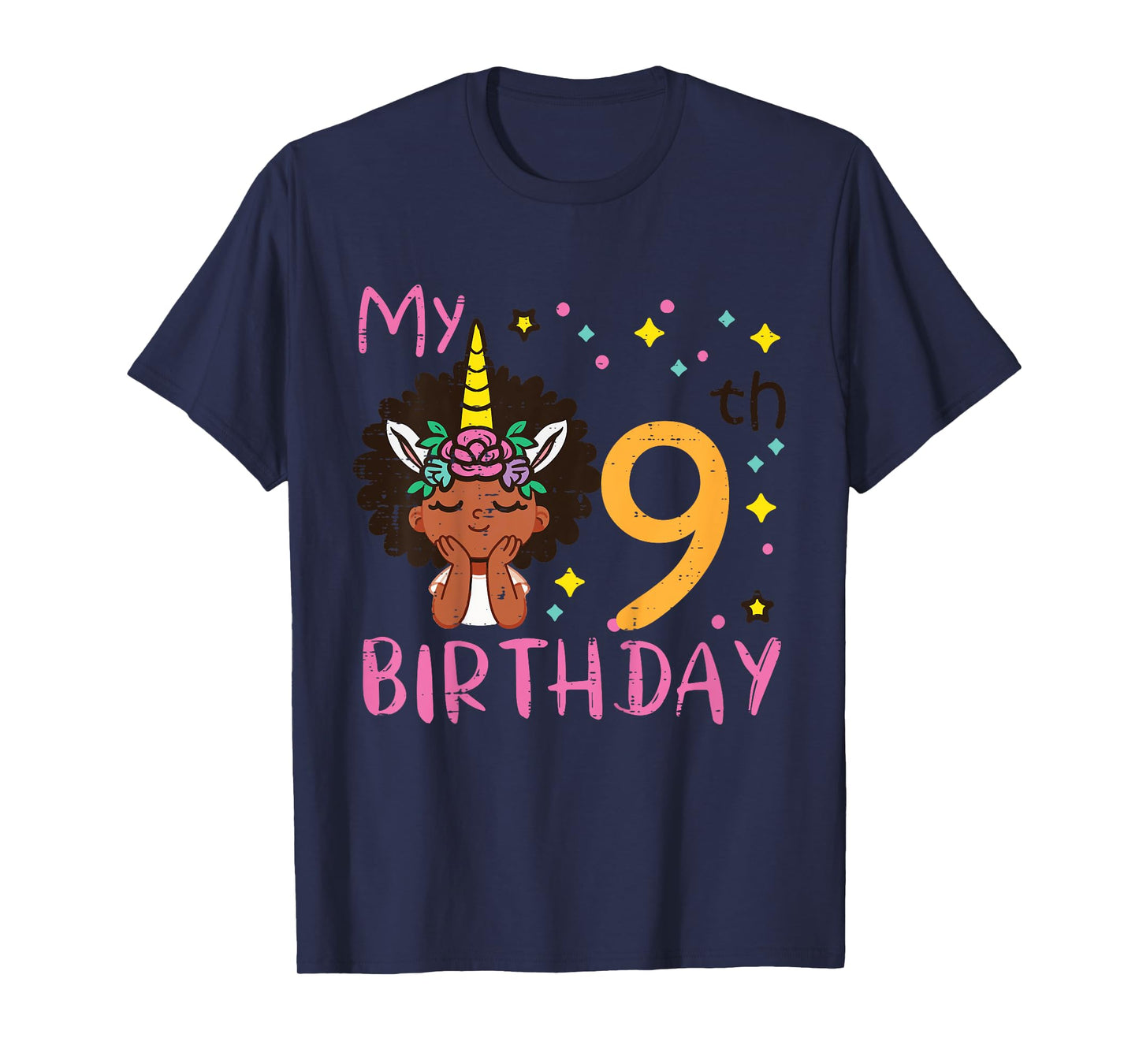 9th Birthday Afro Black Girl Unicorn 9 Year Old Bday Girls T-Shirt