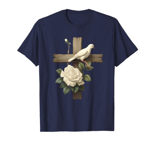 Aesthetic Christian Cross With Roses And Dove Of Peace T-Shirt