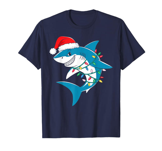 Shark Christmas Lights Santa Hat Xmas Pajama Boys Girls Kids T-Shirt