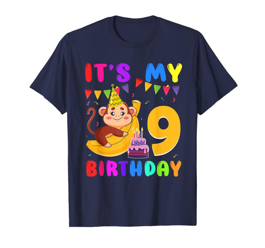 It's My 9th Birthday Monkey 9 Year Old Party Boys Girls Kids T-Shirt