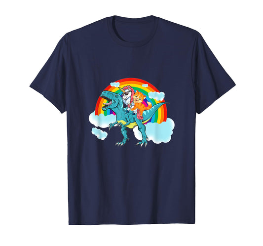 Unicorn Riding Dinosaur Rex Cat Kitten Boys Girls Kids T-Shirt