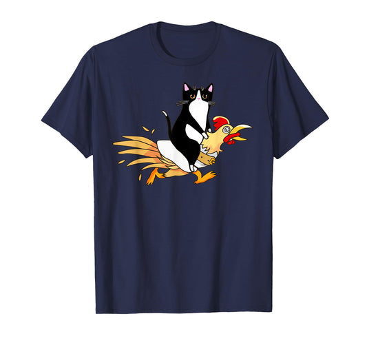 Tuxedo Cat Riding a Chicken for Men Women Catfather T-Shirt