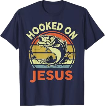 Mens Hooked on Jesus Christian Funny I You Love Bass Fishing T-Shirt