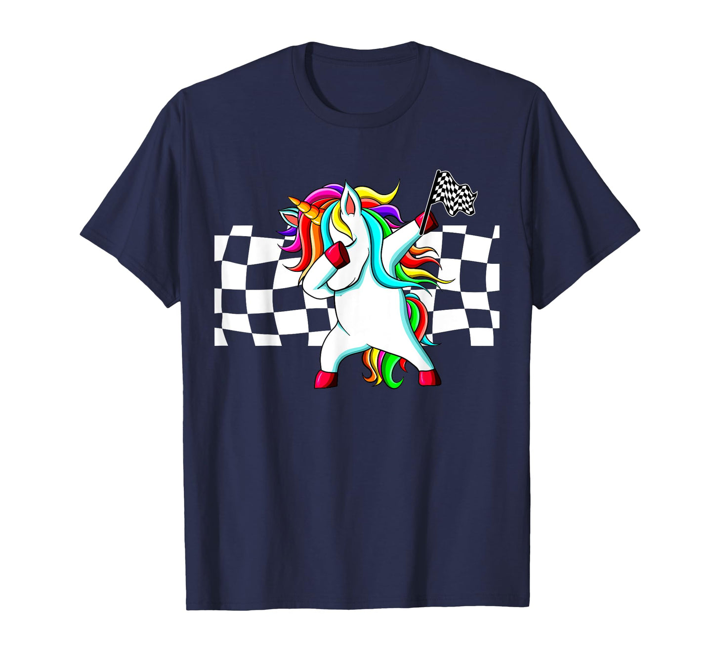 Racecar Racing Checker Flag Dabbing Unicorn Graphic T-Shirt