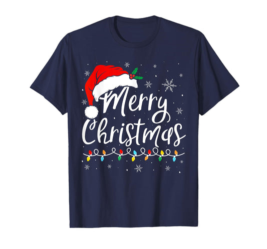 Merry Christmas Lights Santa Hat Xmas Family Matching Pajama T-Shirt