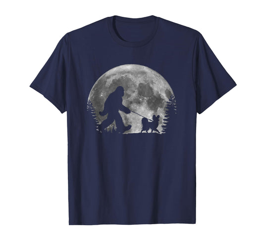 Bigfoot Walking a Dog Funny Papillon Lovers Moon Halloween T-Shirt
