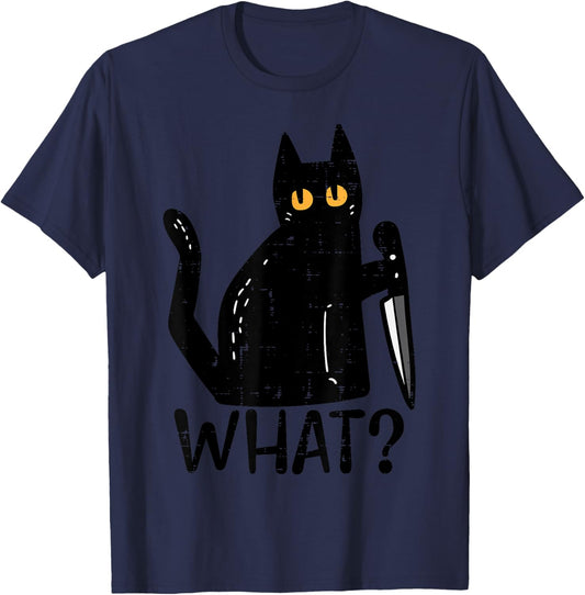Black Cat What Knife Funny Murderous Halloween Pet Men Women T-Shirt