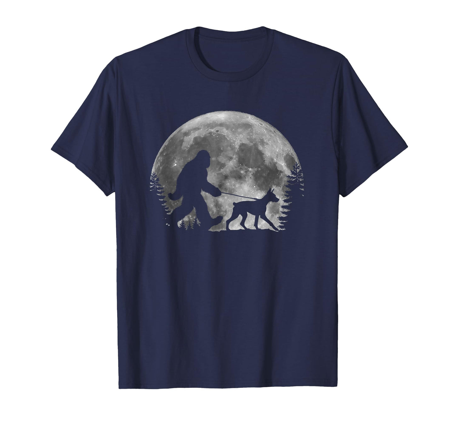 Bigfoot Walking a Dog Funny Doberman Pinscher Moon Halloween T-Shirt