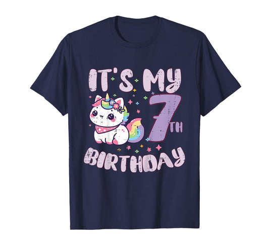 Its My 7th Birthday Unicorn Cat 7 Year Old Bday Girls Kids T-Shirt