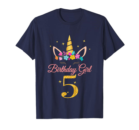 Kids 5 Birthday Girl Unicorn Design 5-Year-Old 5th BDay T-Shirt