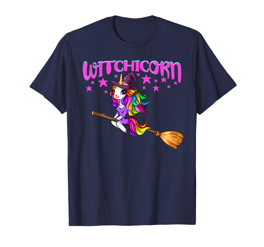 Unicorn Witch On A Broomstick Funny Women Halloween Costume T-Shirt