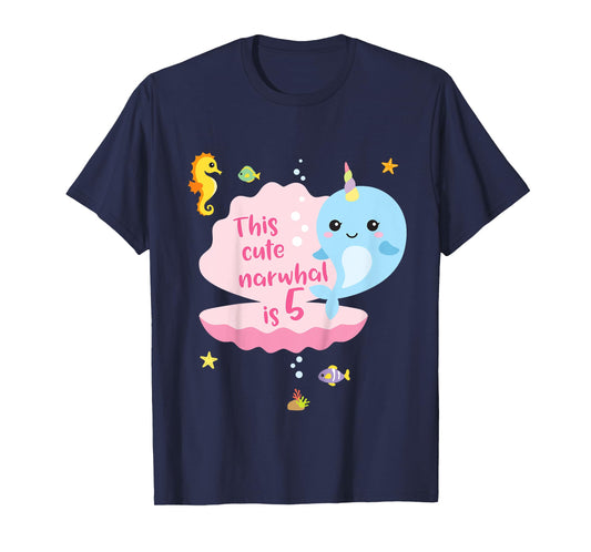 5th Birthday 5 Year Old Girl Boy Gift Narwhal Sea Unicorn T-Shirt