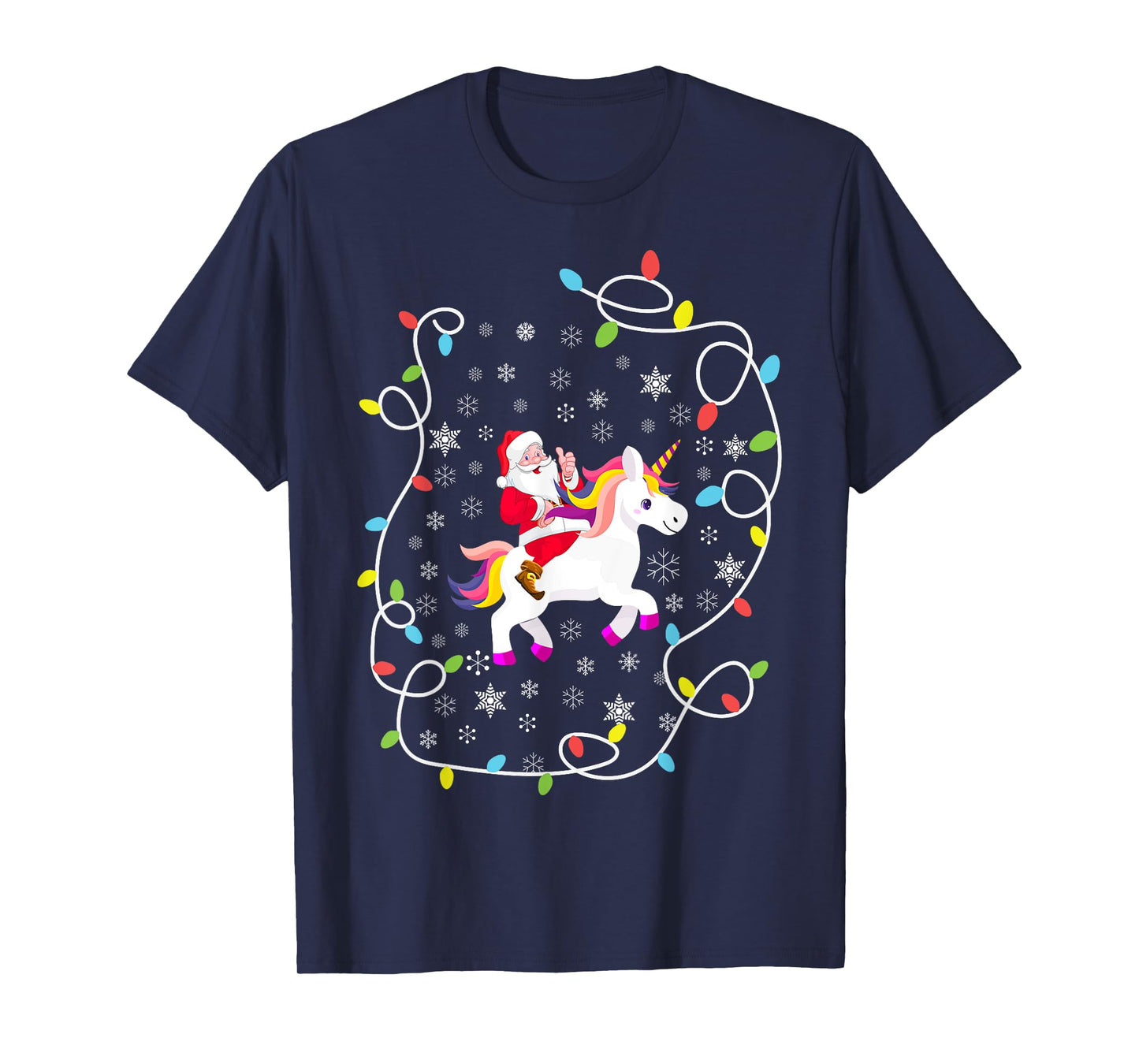 Santa Riding Unicorn Christmas Lights Merry Christmas Tree T-Shirt
