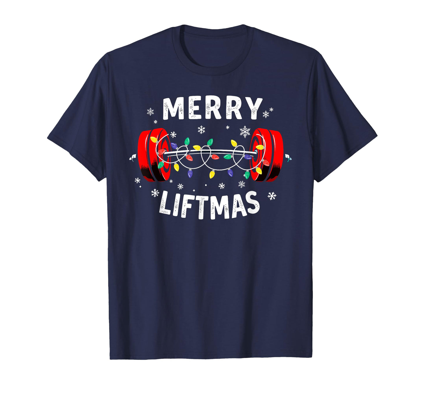 Merry Liftmas Barbell Christmas Tree Lights Weightlifting T-Shirt
