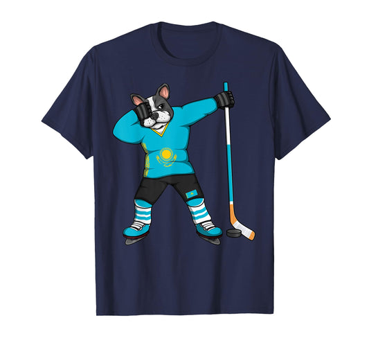 Dabbing French Bulldog Kazakhstan Ice Hockey Fans Jersey Art T-Shirt