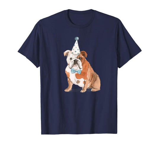 Cute English Bulldog Tan Pup Birthday Party Hat and Bowtie Men Women Girls Kids T-Shirt