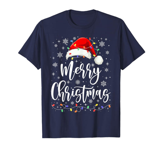 Merry Christmas Lights Red Santa Hat Xmas Family Men Women T-Shirt