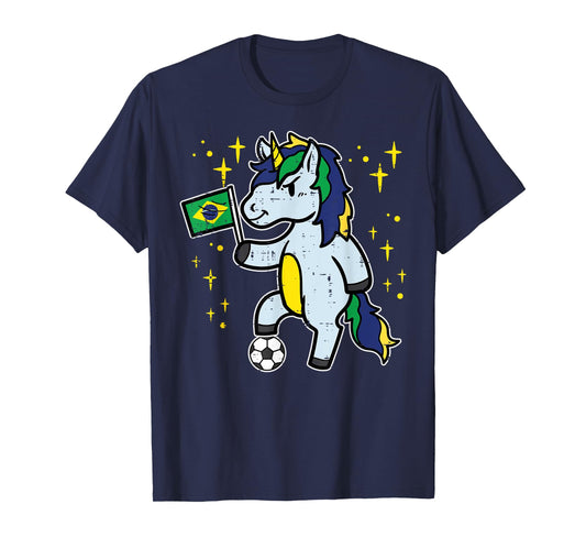 Brazil Flag Unicorn Football Soccer Fan Women Girls Kids T-Shirt