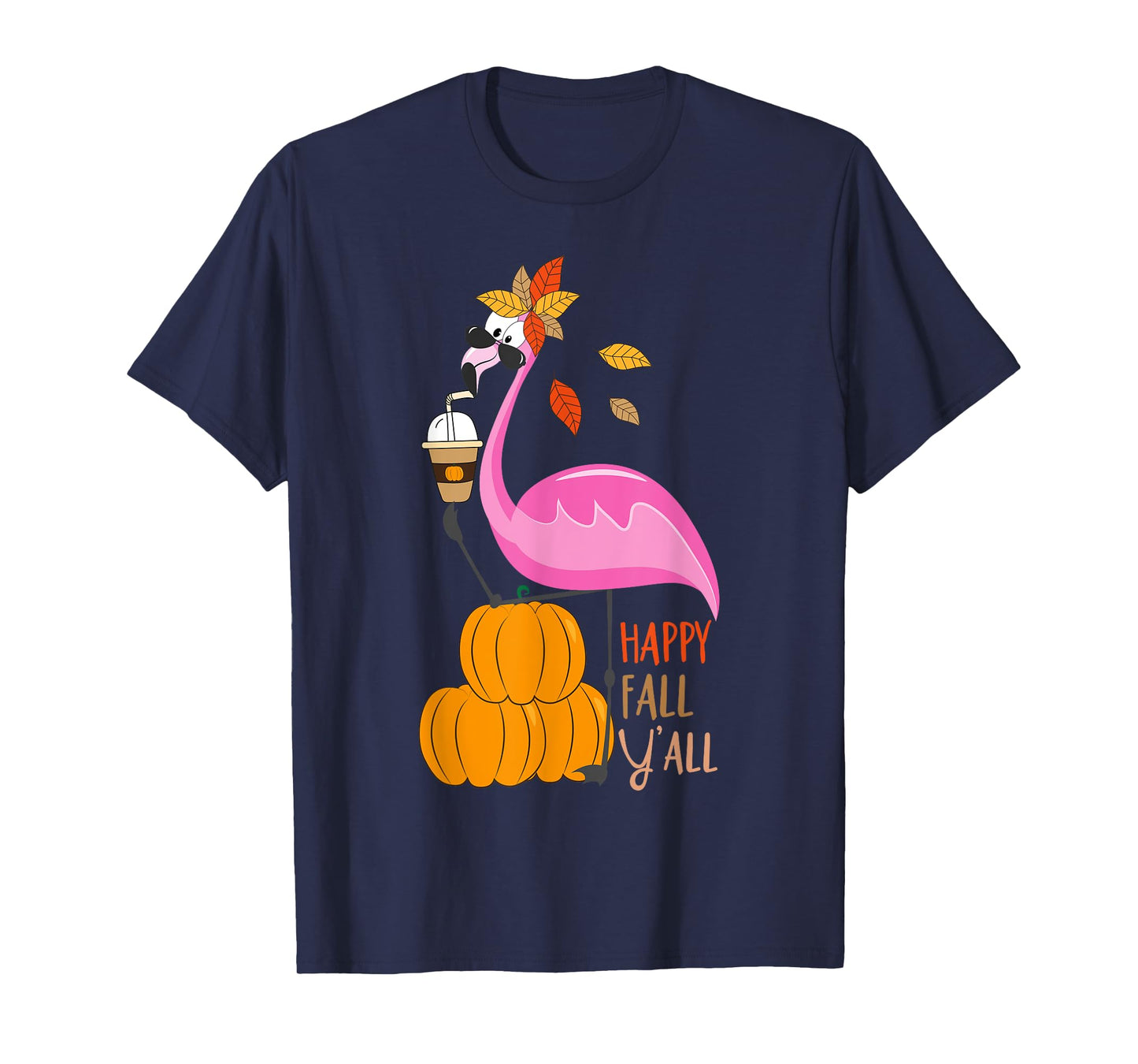 Happy Fall Y'all Pumpkin Flamingo Autumn Graphic T-Shirt