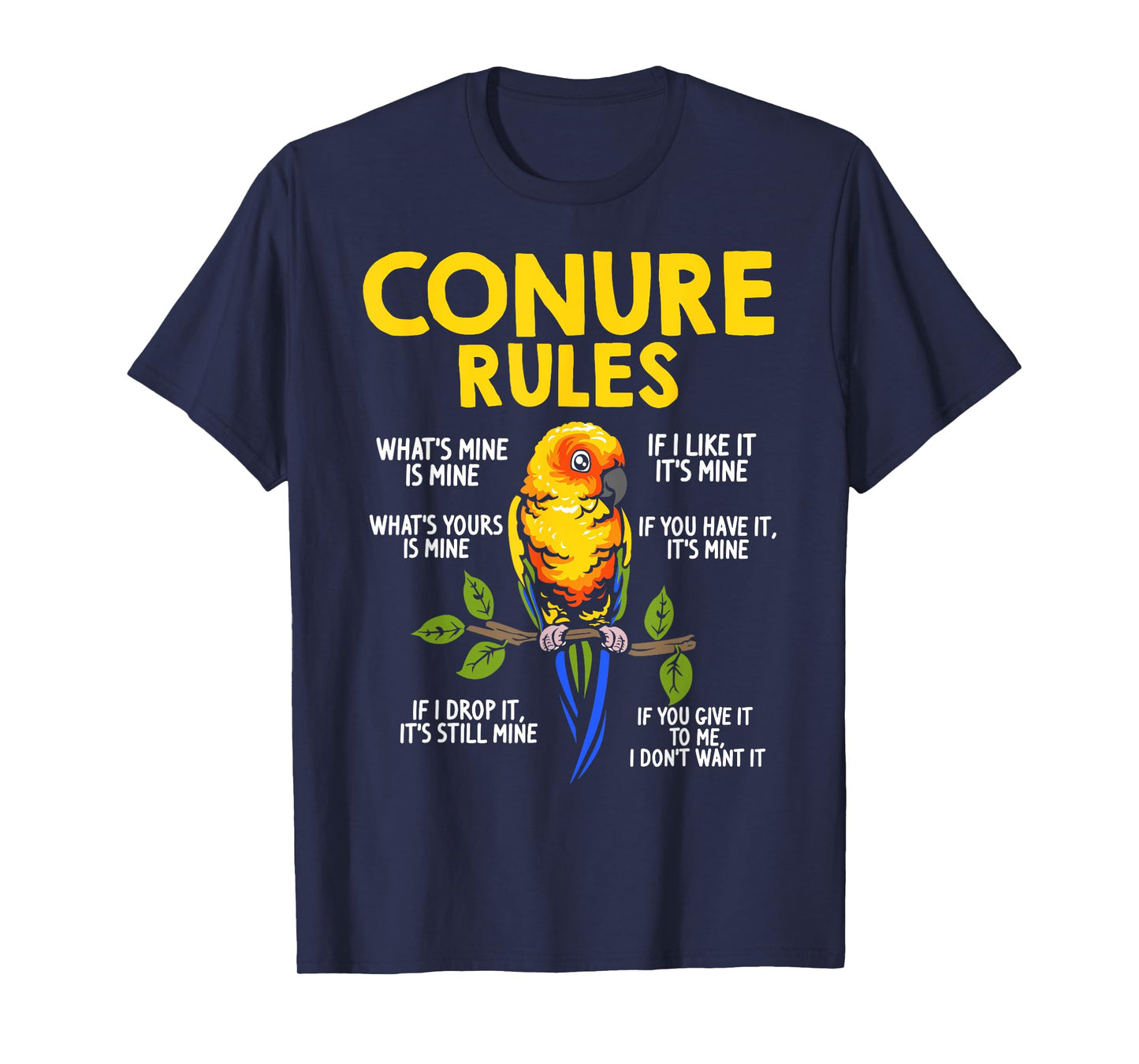 Conure Rules Sun Conure Bird Lover Parrot Design Black T-Shirt for Men & Sun Conure Owners, Small, Short Sleeve, Mandarin Collar, Tropical, Cotton 65% Polyester 35%