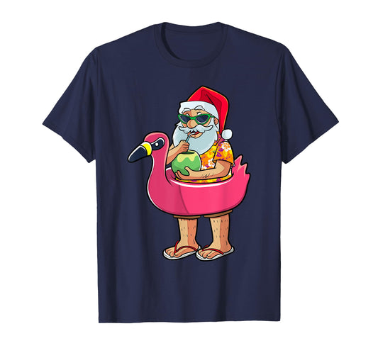 Christmas in July Funny Santa Flamingo Pool Float Summer Men T-Shirt