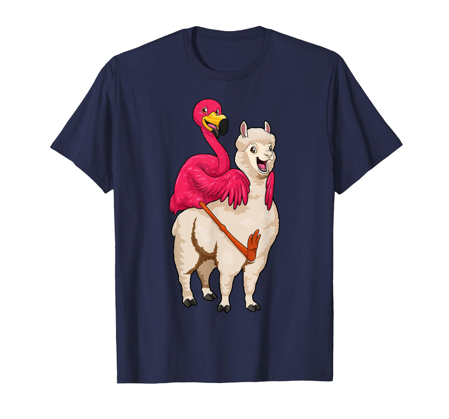 Flamingo Riding Llama Funny Flock Bird Llama Farmer Pun T-Shirt