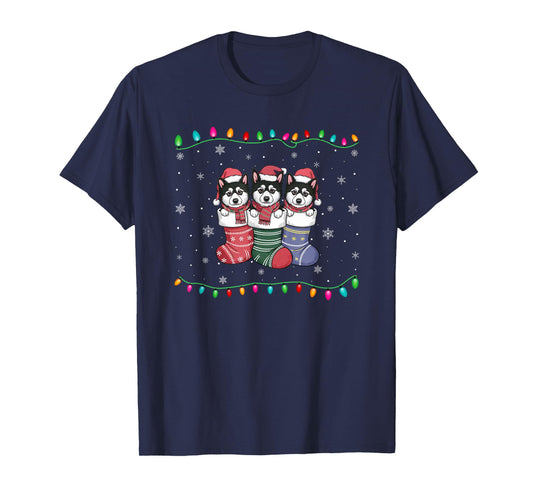 Xmas Tree Lights Alaskan Klee Kai Dog in Christmas Socks T-Shirt