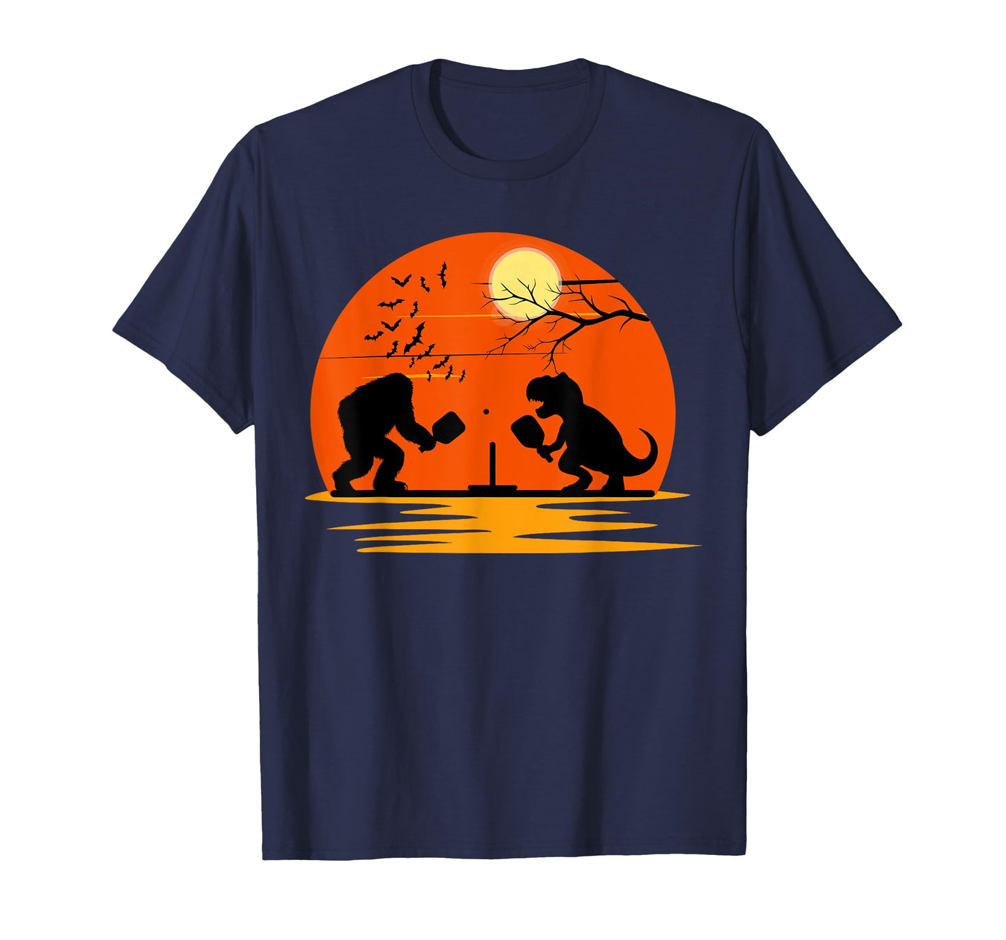 Bigfoot and T-Rex Playing Pickleball Halloween Sunset T-Shirt