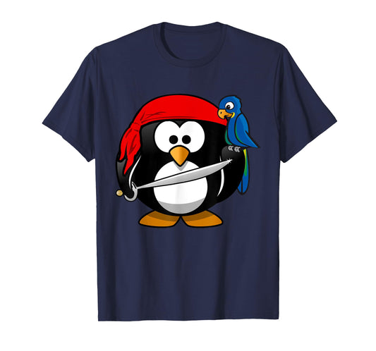 Cute Pirate Cartoon Penguin with Parrot T-Shirt T-Shirt