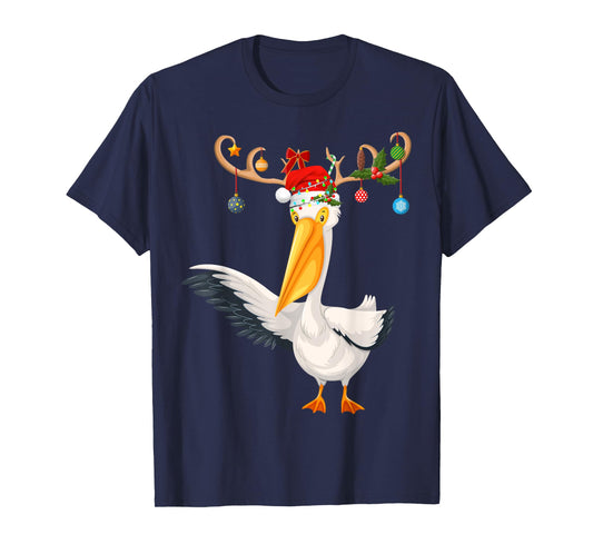 Pelican Bird Xmas Gift Reindeer Santa Hat Pelican Christmas T-Shirt
