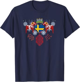God Jol Sweden flag Swedish dala horse Christmas Santa Lucia T-Shirt