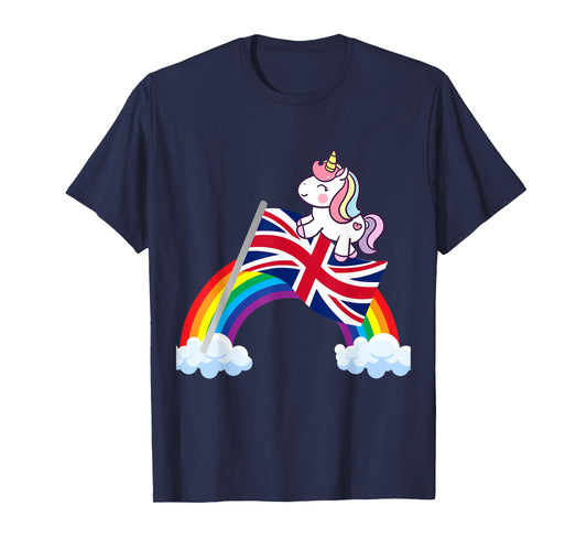 Unicorn Riding British UK Flag Boys Girls Women Kids Rainbow T-Shirt