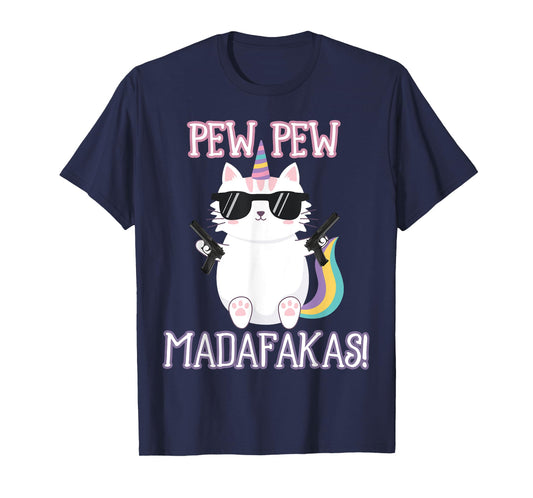 Cat Unicorn Pew Pew Madafakas Vintage Crazy Funny Graphic T-Shirt for Men Women