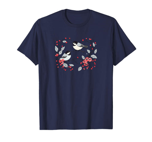 Romantic Chickadees Floral Wreath and Red Berries T-Shirt