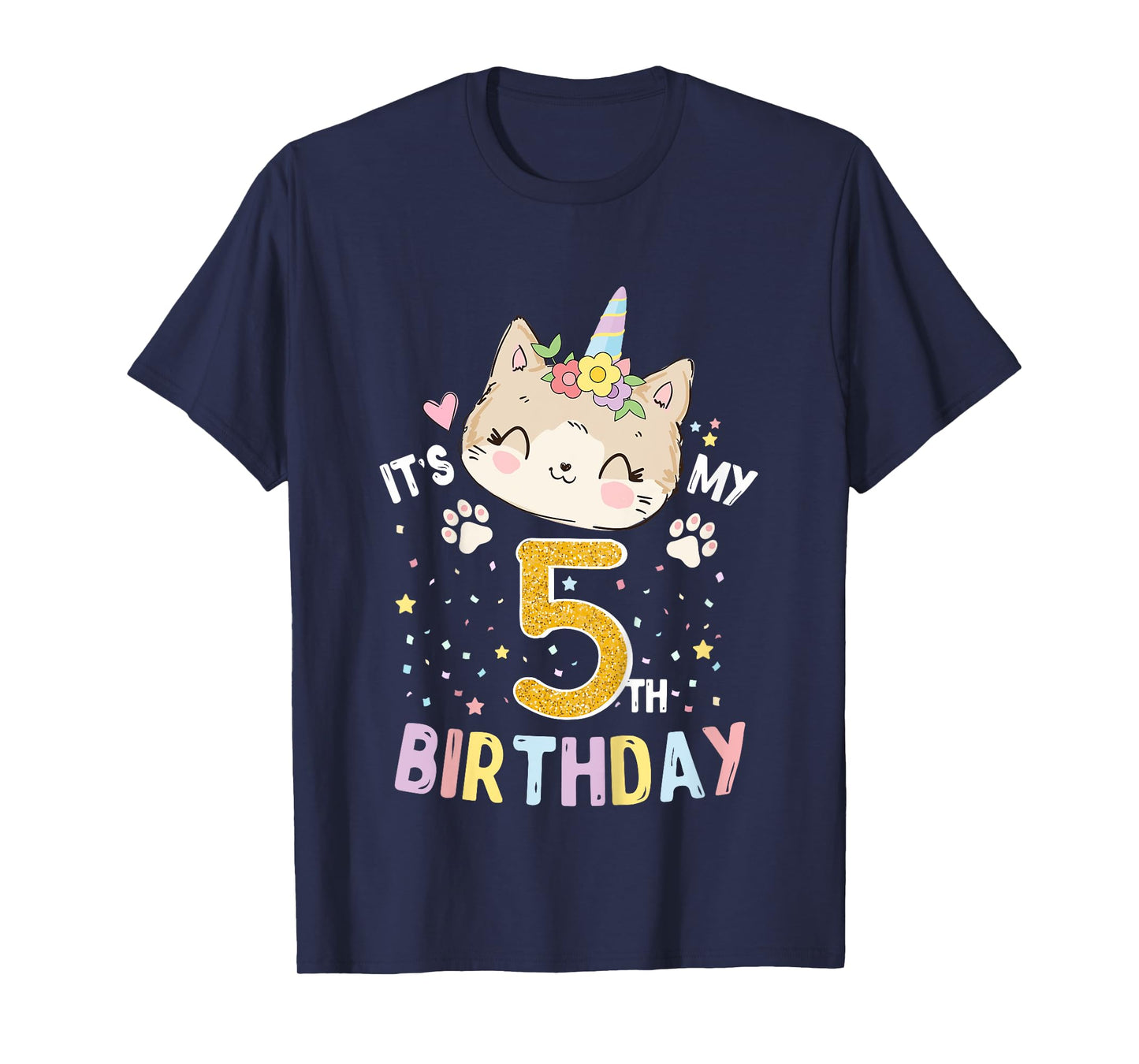 Kids It’s My 5th Birthday Cute Unicorn Cat 5-Year-Old Girl T-Shirt