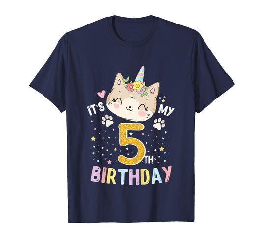 Kids It’s My 5th Birthday Cute Unicorn Cat 5-Year-Old Girl T-Shirt