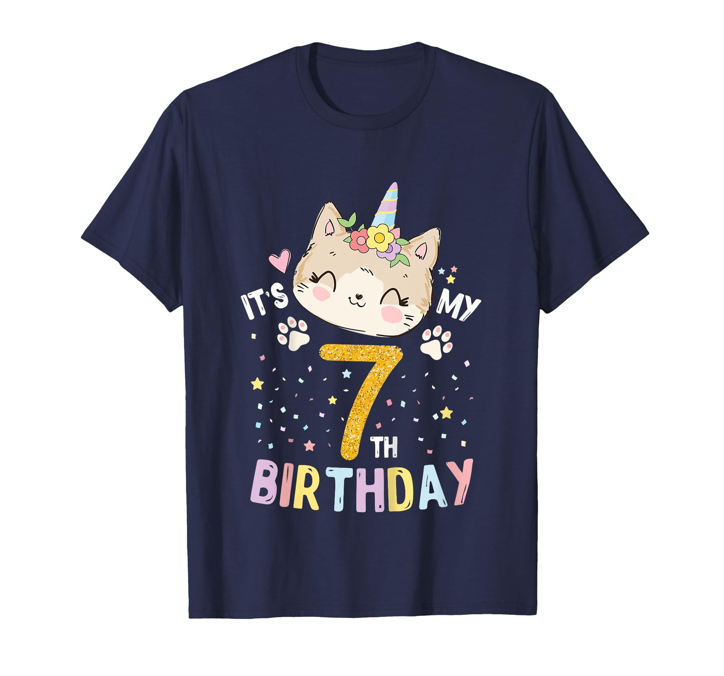 Kids It’s My 7th Birthday Cute Unicorn Cat 7-Year-Old Girl T-Shirt