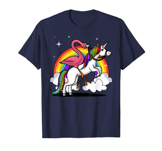 Flamingo Bird Riding Unicorn Magical Rainbow Kids Girls T-Shirt