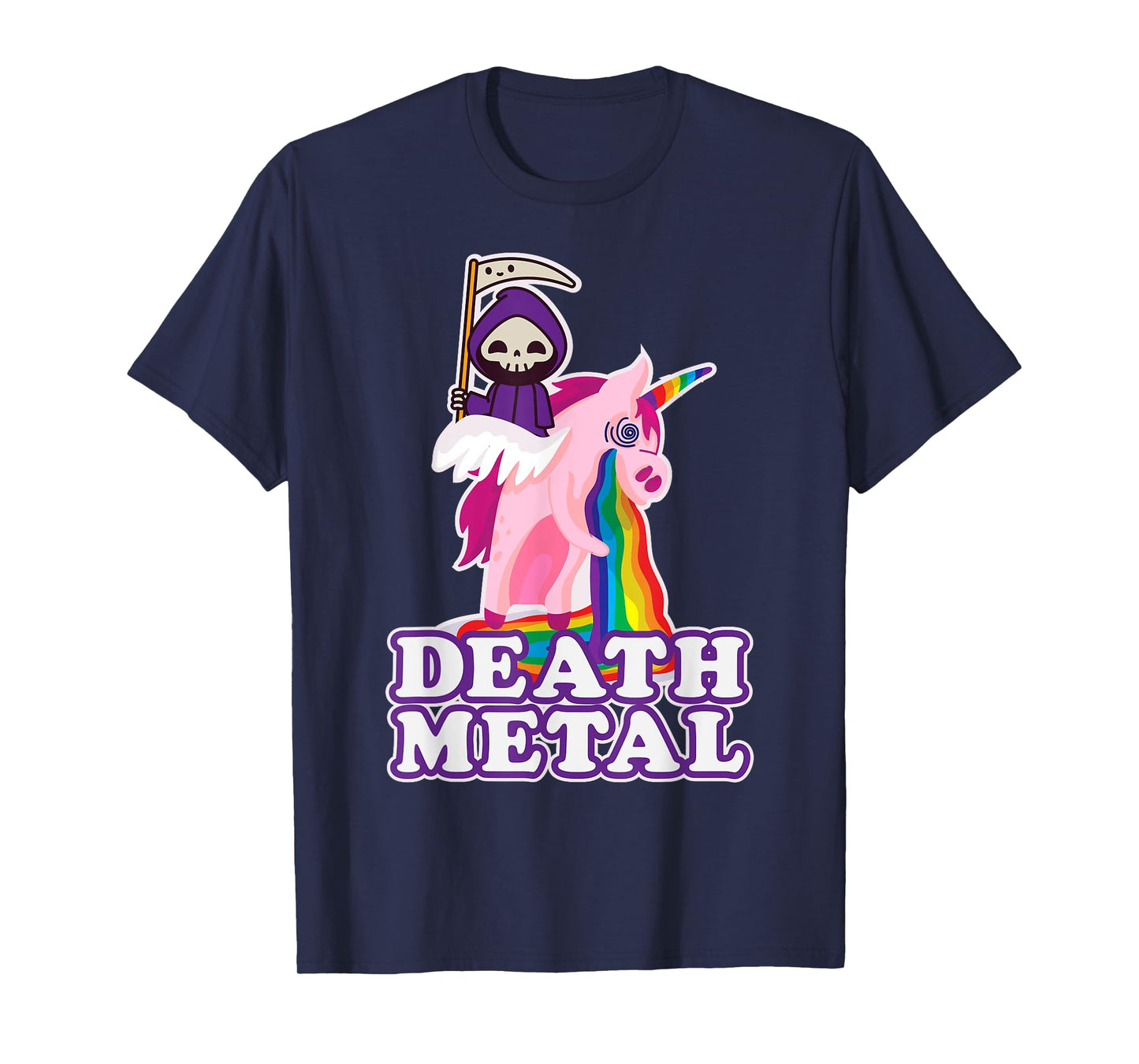 Funny Death Metal T-Shirt Grim Reaper Riding Unicorn Rainbow T-Shirt