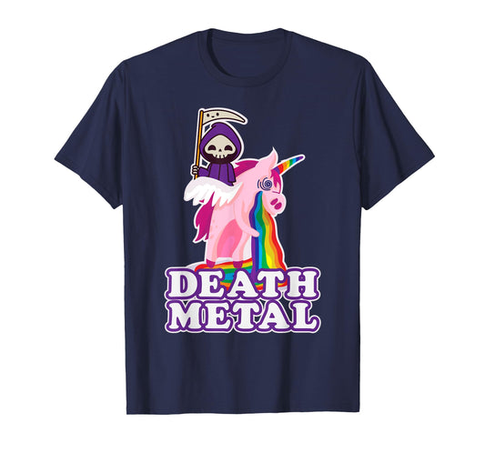 Funny Death Metal T-Shirt Grim Reaper Riding Unicorn Rainbow T-Shirt