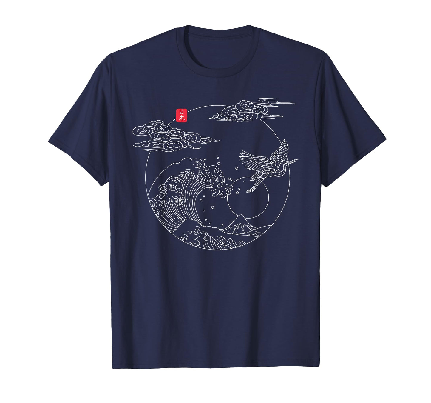 Japanese Vintage Line Art Crane The Great Wave off Kanagawa T-Shirt