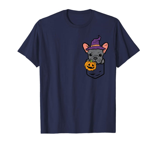 Pocket French Bulldgo Witch Pumpkin Halloween Frenchie Dog T-Shirt