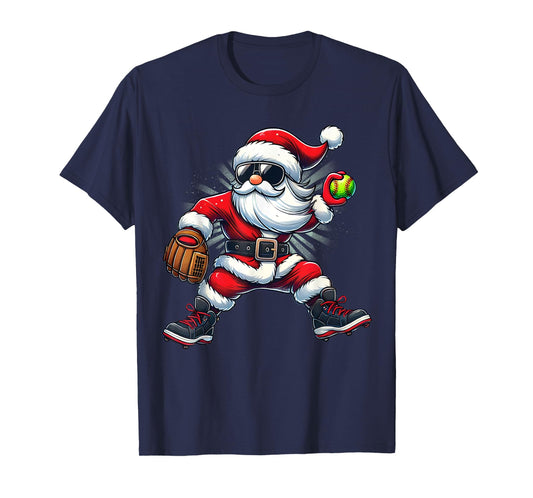 Santa Playing Softball as Pitcher Boys Kids Teens Christmas T-Shirt