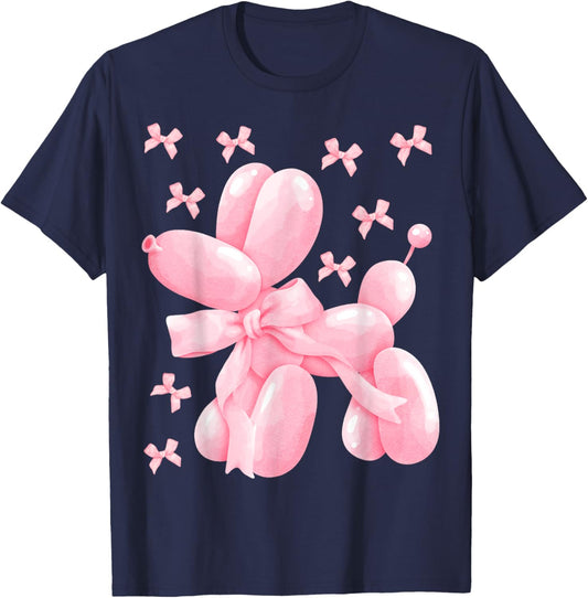 Pastel Pink Bow Balloon Dog Women Kids Girls Birthday Party T-Shirt